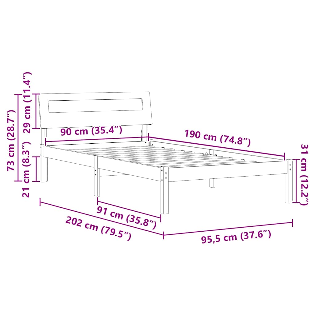 Sengestel med hovedgærde Brun 90 x 190 cm Massiv fyrretræ