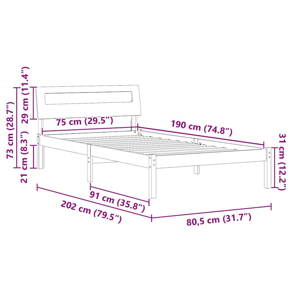 Sengestel med hovedgærde Brun 75 x 190 cm Massiv fyrretræ