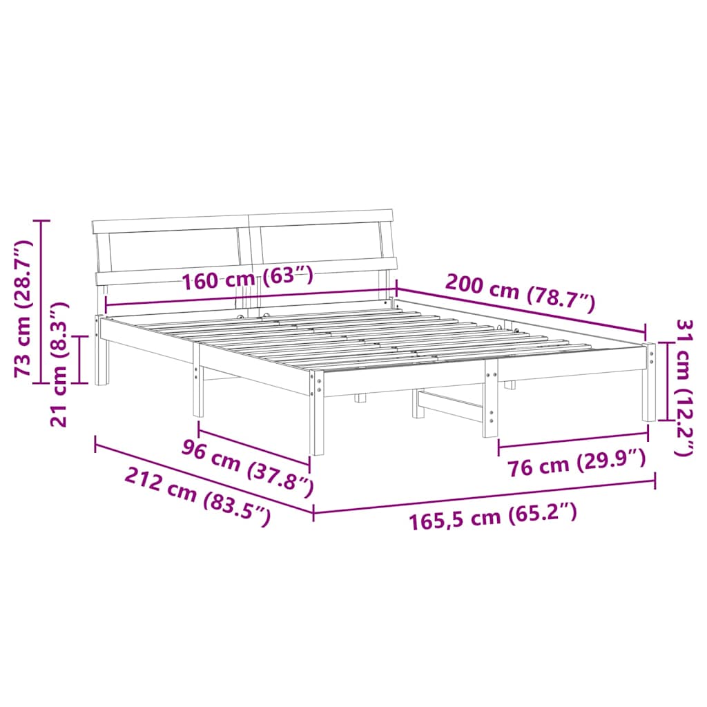 Sengestel med hovedgærde Hvid 160 x 200 cm Massiv fyrretræ