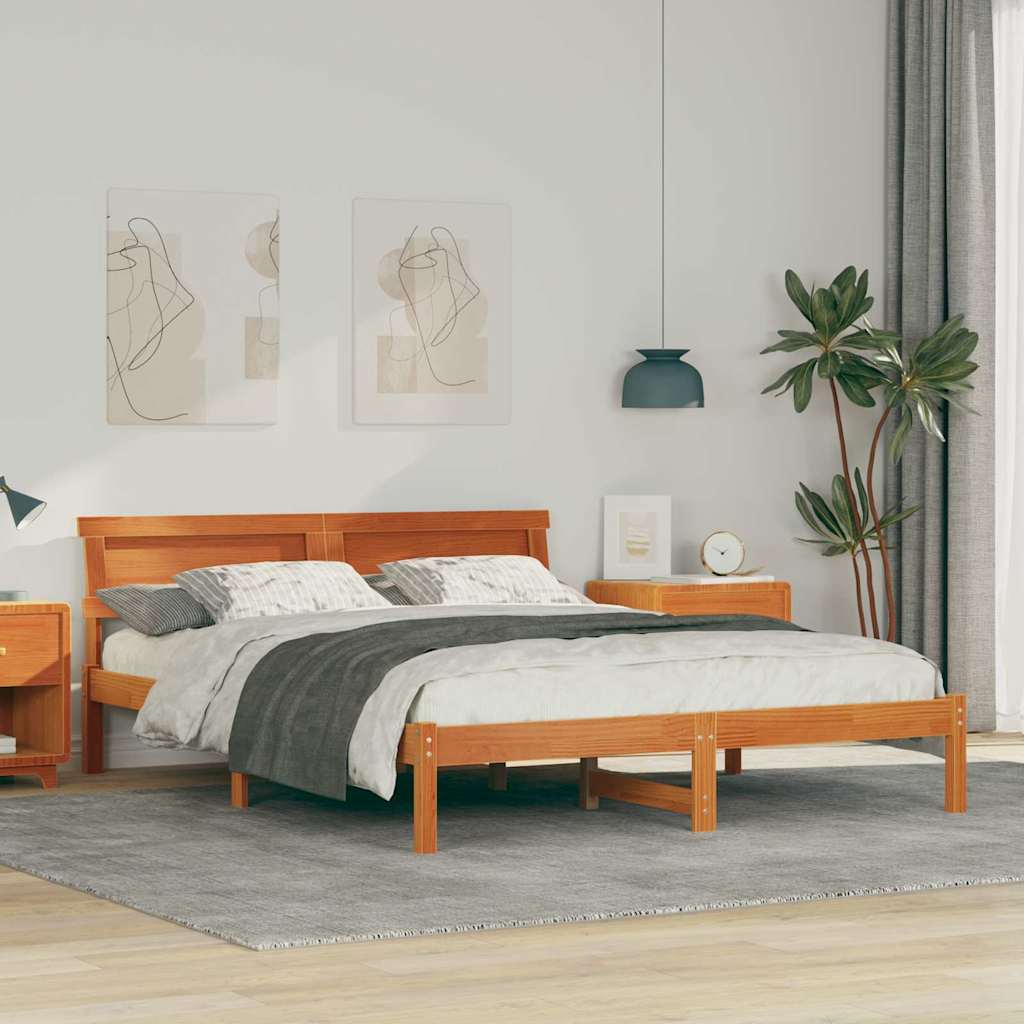 Sengestel med hovedgærde Voks brun 160 x 200 cm Massiv fyrretræ