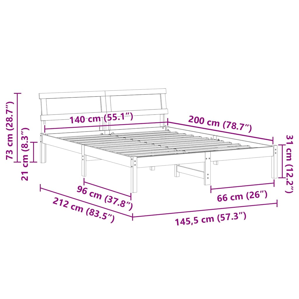 Sengestel med hovedgærde Brun 140 x 200 cm Massiv fyrretræ
