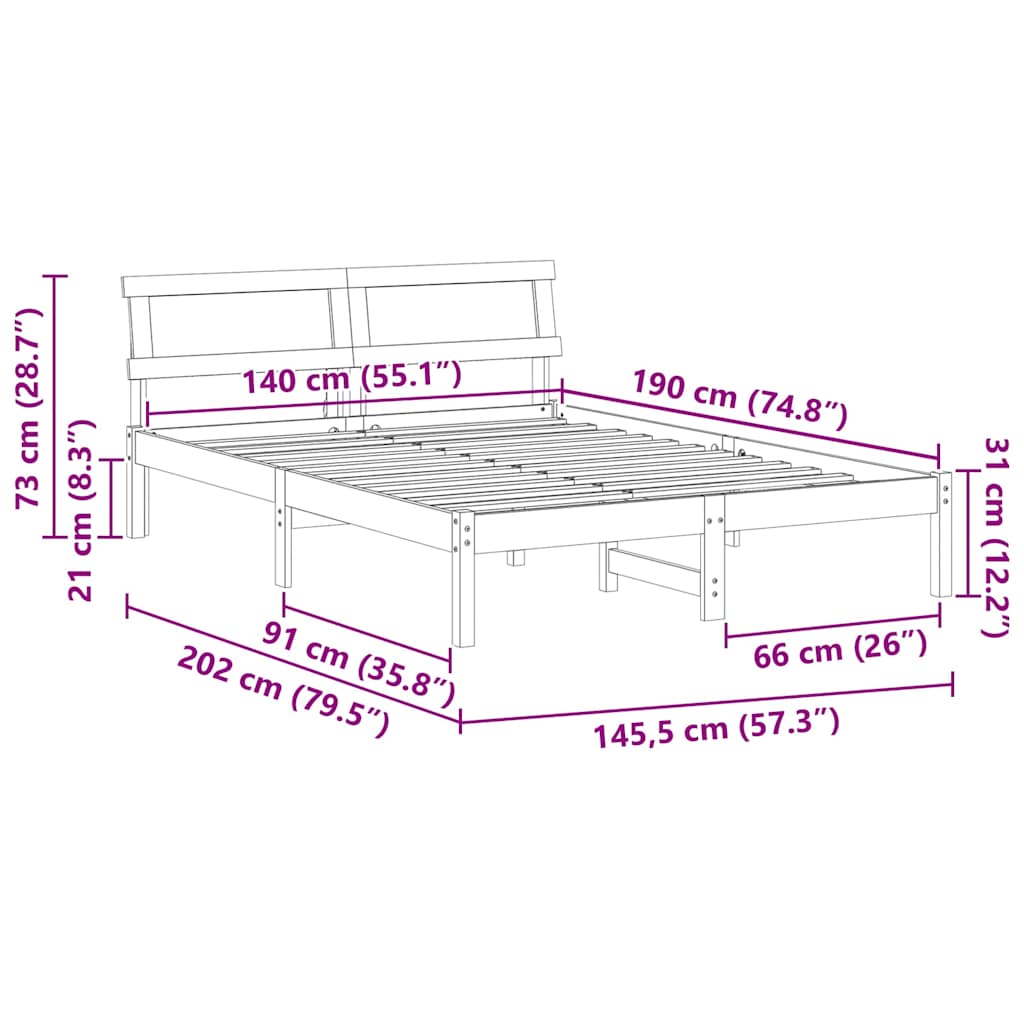 Sengestel med hovedgærde Voks brun 140 x 190 cm Massiv fyrretræ