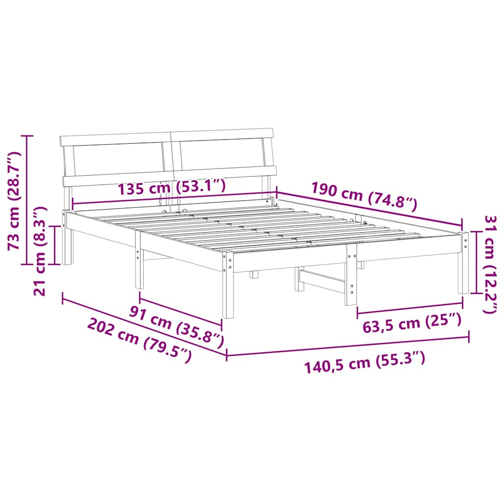 Sengestel med hovedgærde Voks brun 135 x 190 cm Massiv fyrretræ