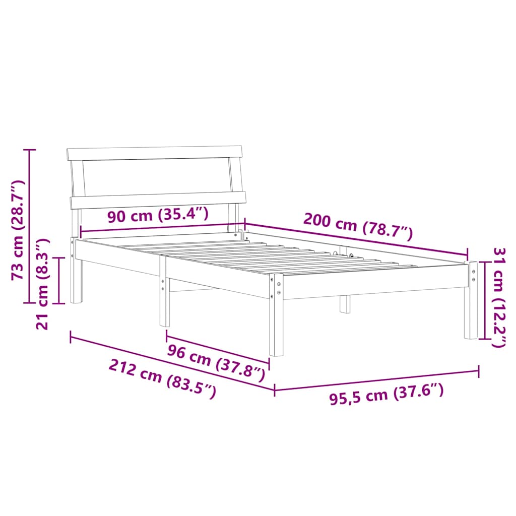Sengestel med hovedgærde Hvid 90 x 200 cm Massiv fyrretræ