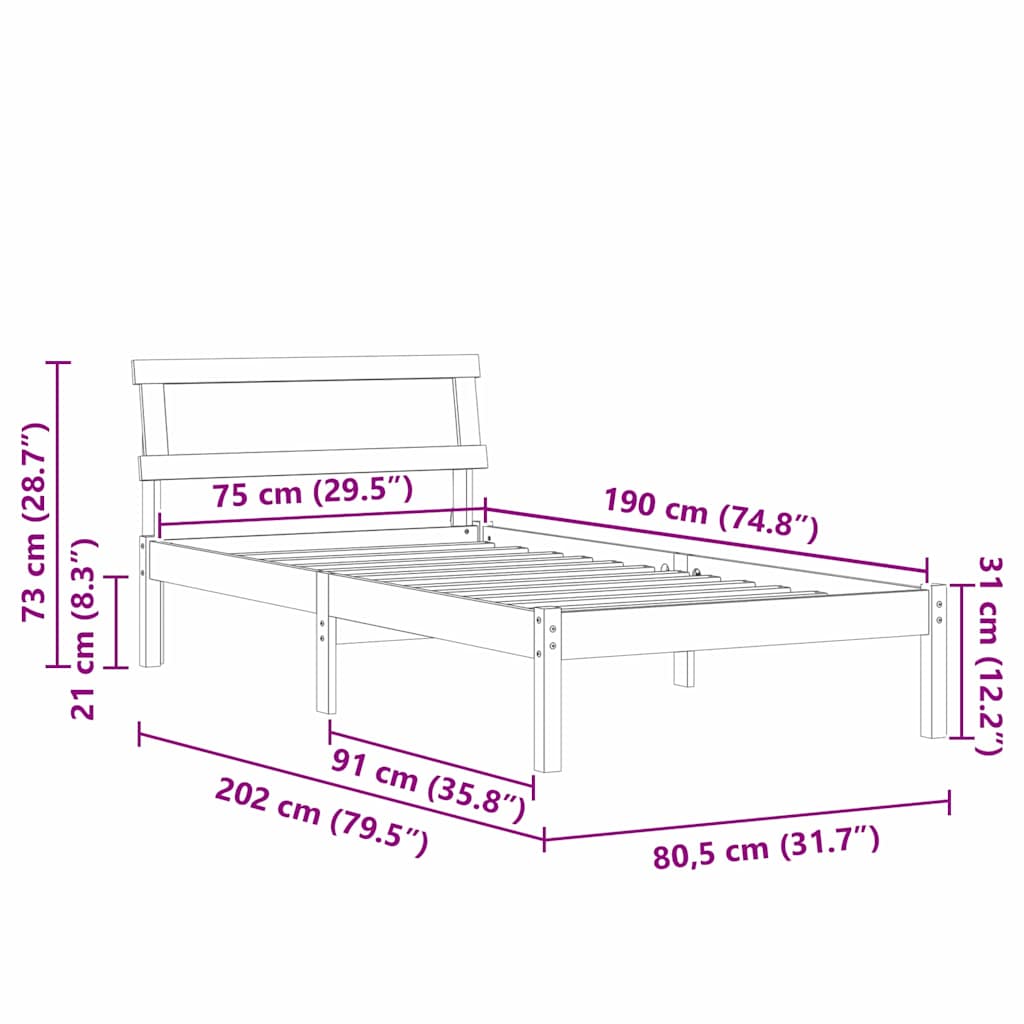 Sengestel med hovedgærde Hvid 75 x 190 cm Massiv fyrretræ