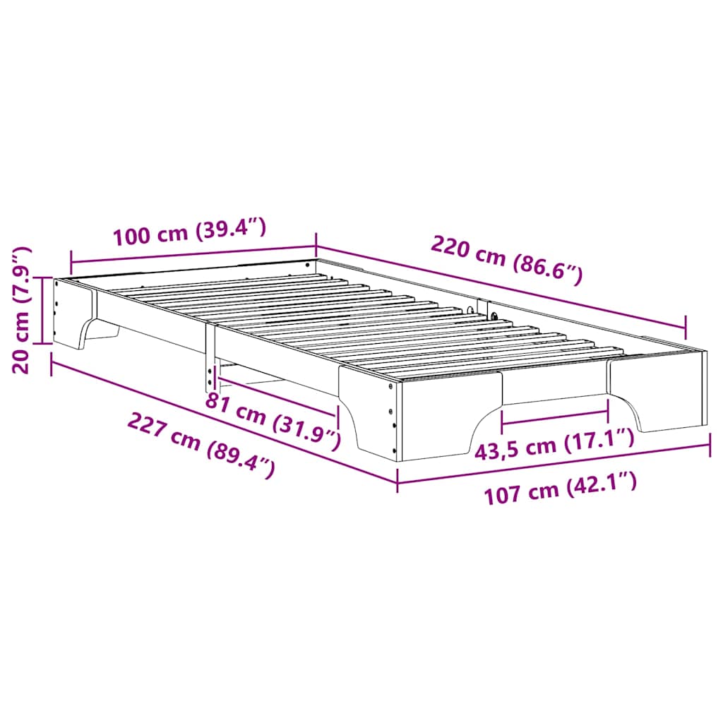Sengestel Brun 100 x 220 cm Massiv fyrretræ