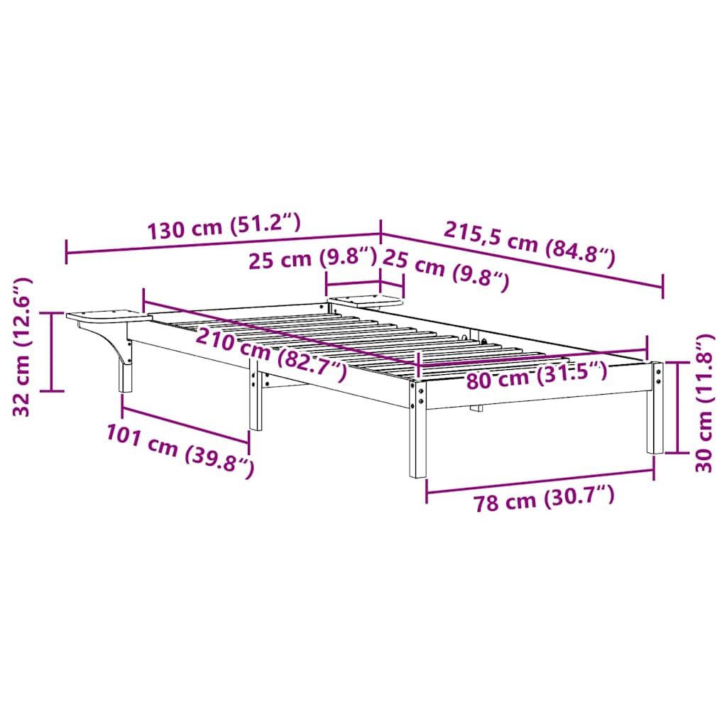Sengestel med sideborde Naturfarvet 80 x 210 cm Massiv fyrretræ
