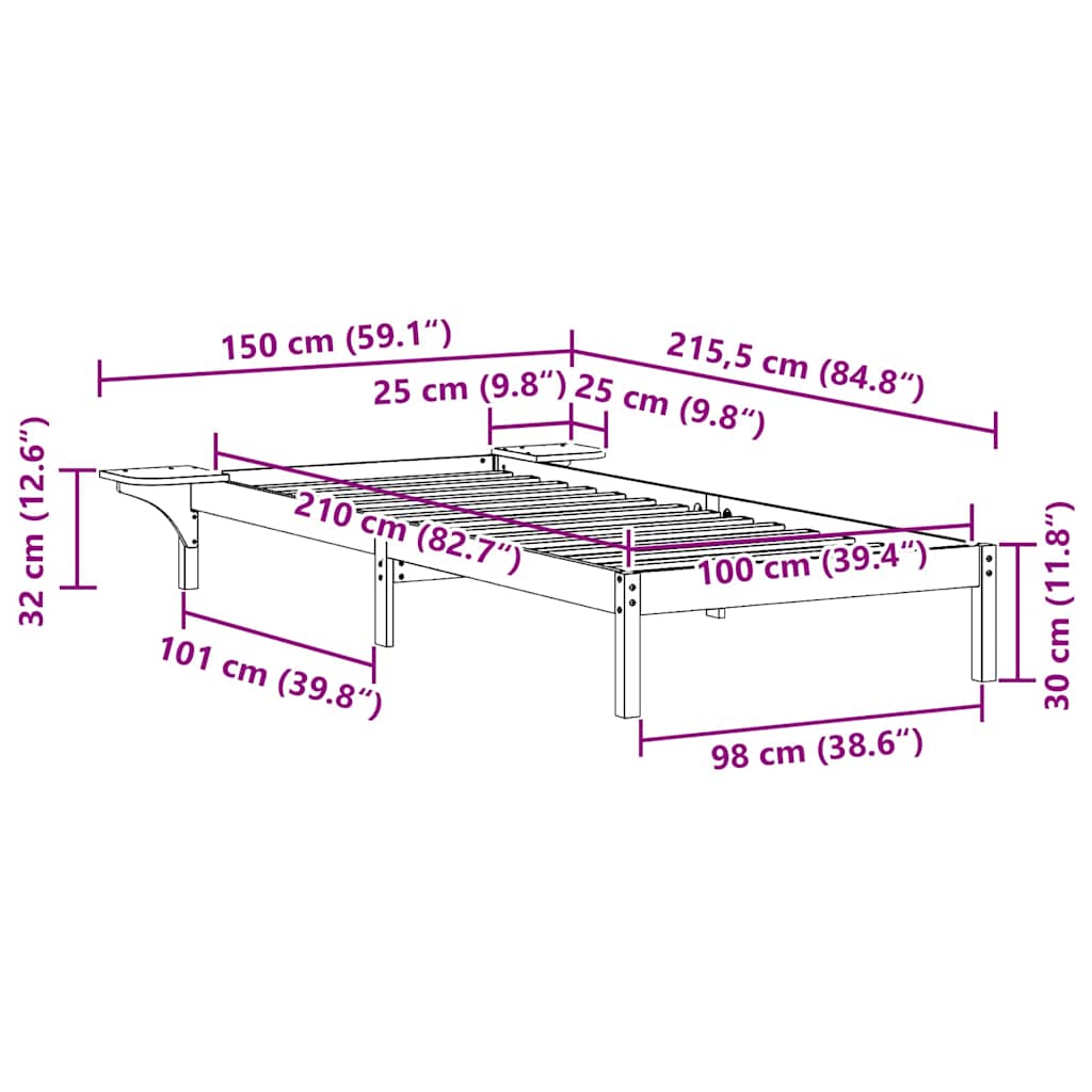 Sengestel med sideborde Naturfarvet 100 x 210 cm