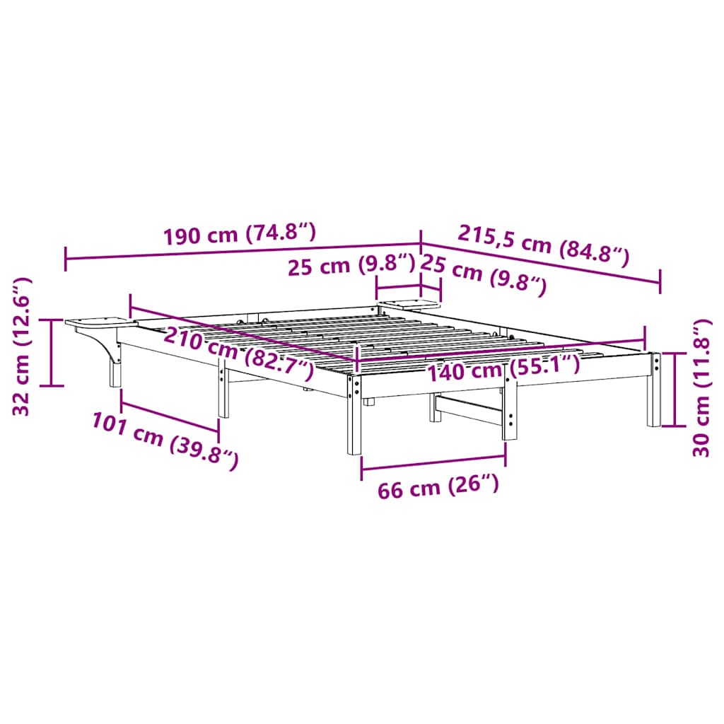 Sengestel med sideborde Hvid 140 x 210 cm Massiv fyrretræ