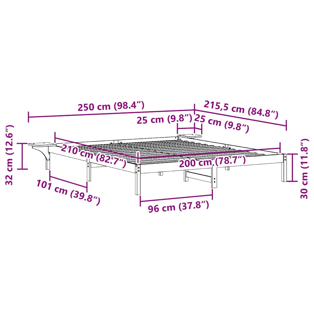 Sengestel med sideborde Voks brun 200 x 210 cm Massiv fyrretræ