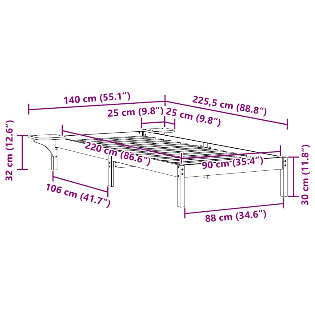 Sengestel med sideborde Voks brun 90 x 220 cm Massiv fyrretræ