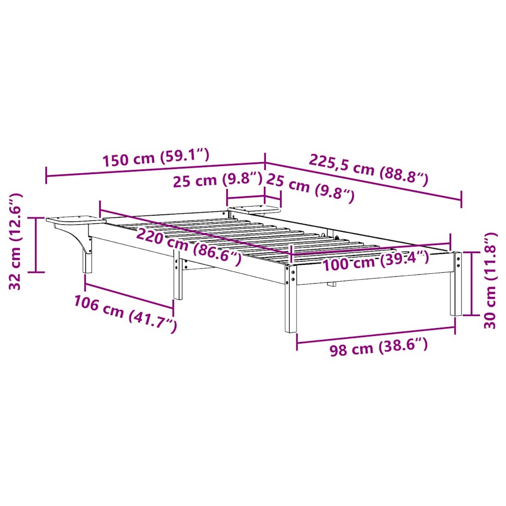 Sengestel med sideborde Hvid 100 x 220 cm Massiv fyrretræ