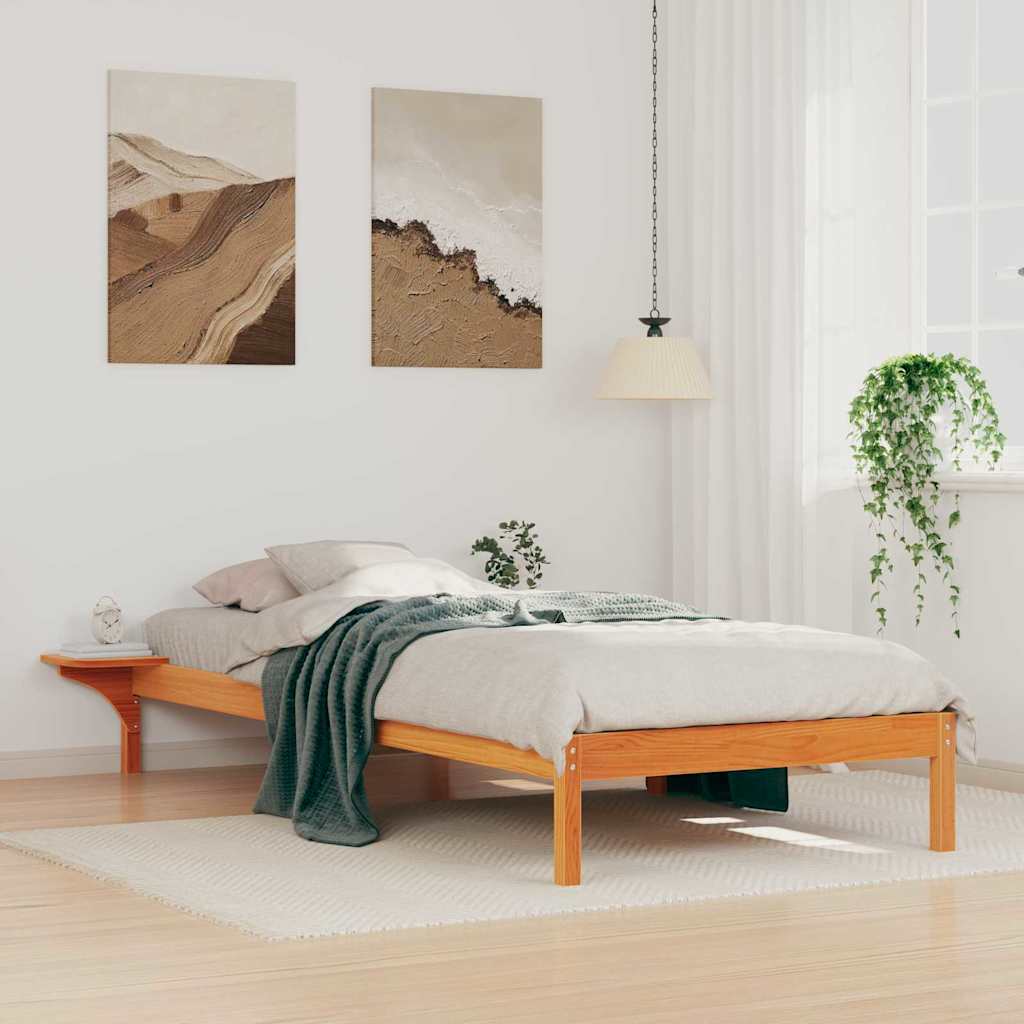 Sengestel med sideborde Voks brun 100 x 220 cm Massiv fyrretræ