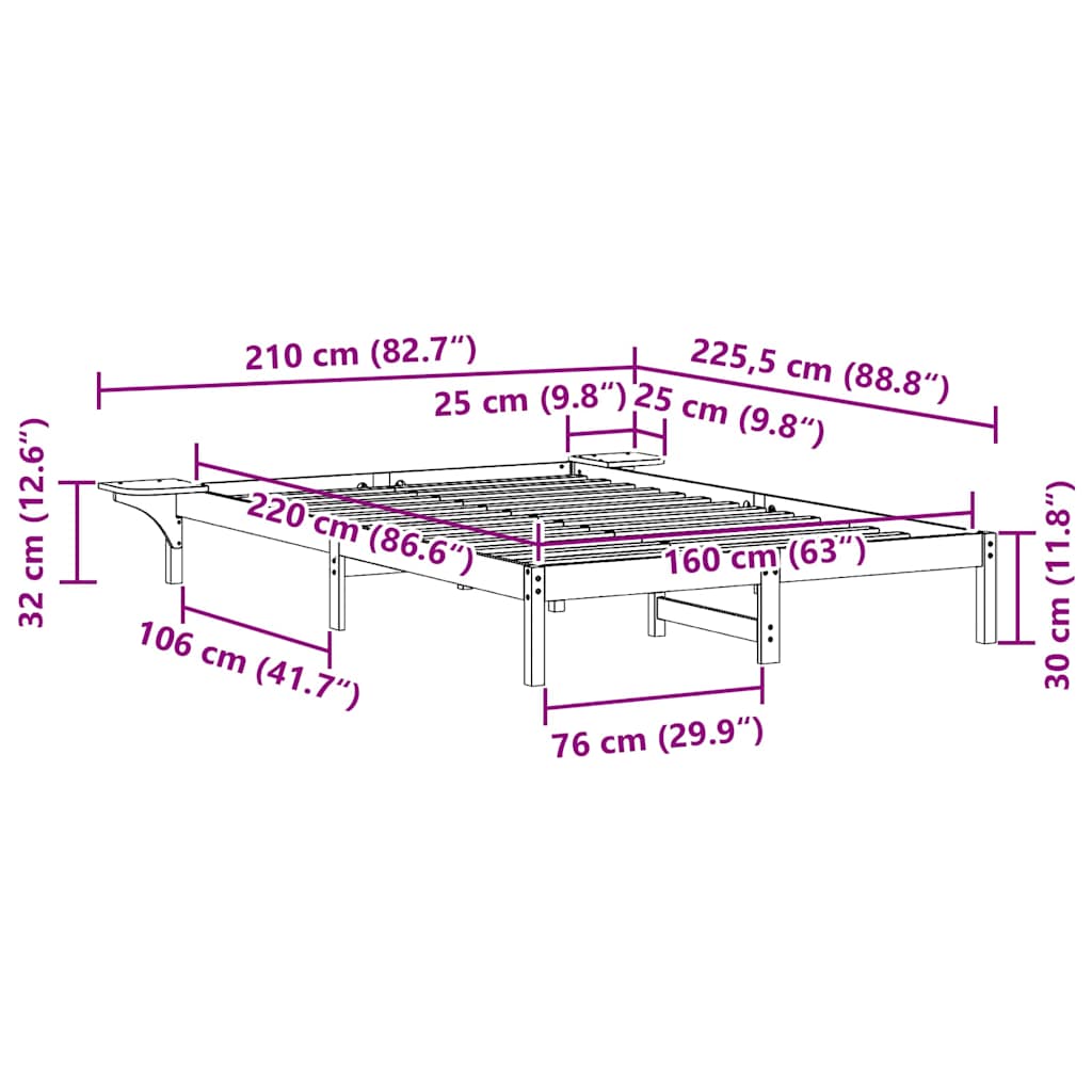 Sengestel med sideborde Hvid 160 x 220 cm Massiv fyrretræ