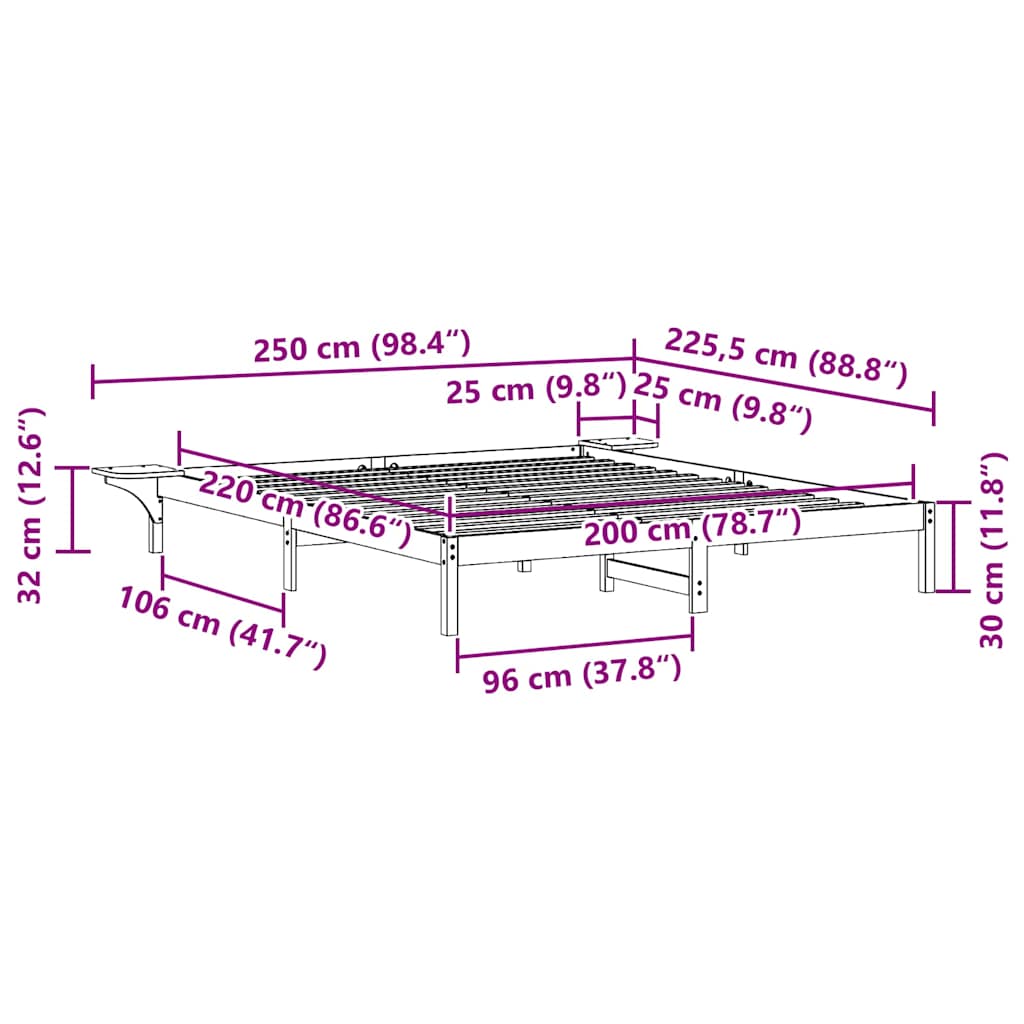 Sengestel med sideborde Hvid 200 x 220 cm Massiv fyrretræ