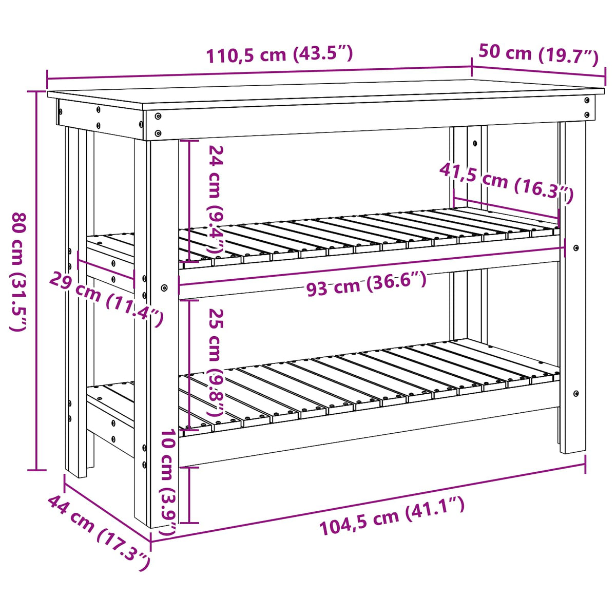 Arbejdsbænk med hylde 110,5 x 50 x 80 cm Massivt fyrretræ