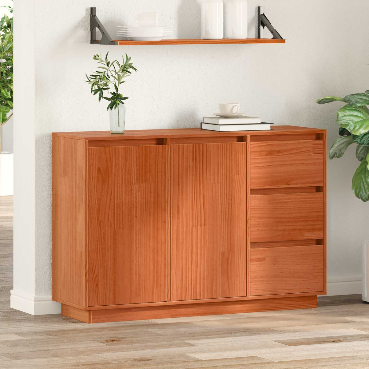 Sideboard med skuffe Brun eg 111 x 34 x 75 cm Massiv fyrretræ