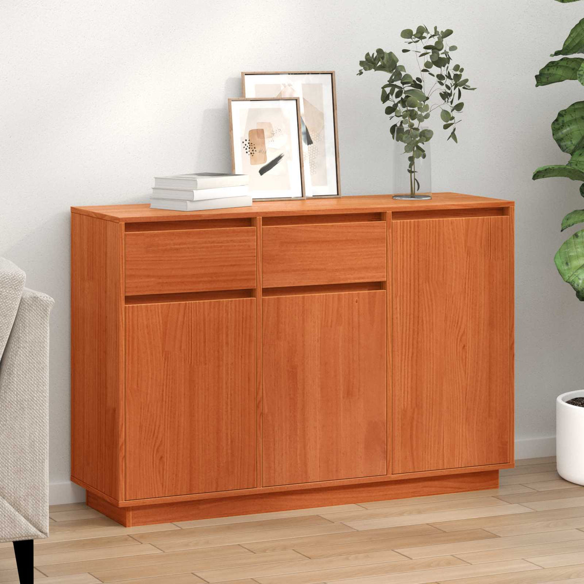 Sideboard med skuffe Voks brun 110 x 34 x 75 cm Massiv fyrretræ