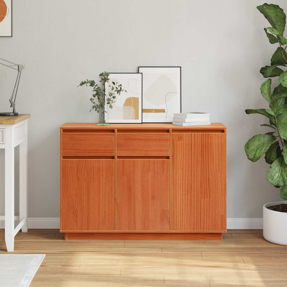 Sideboard med skuffe Voks brun 110 x 34 x 75 cm Massiv fyrretræ
