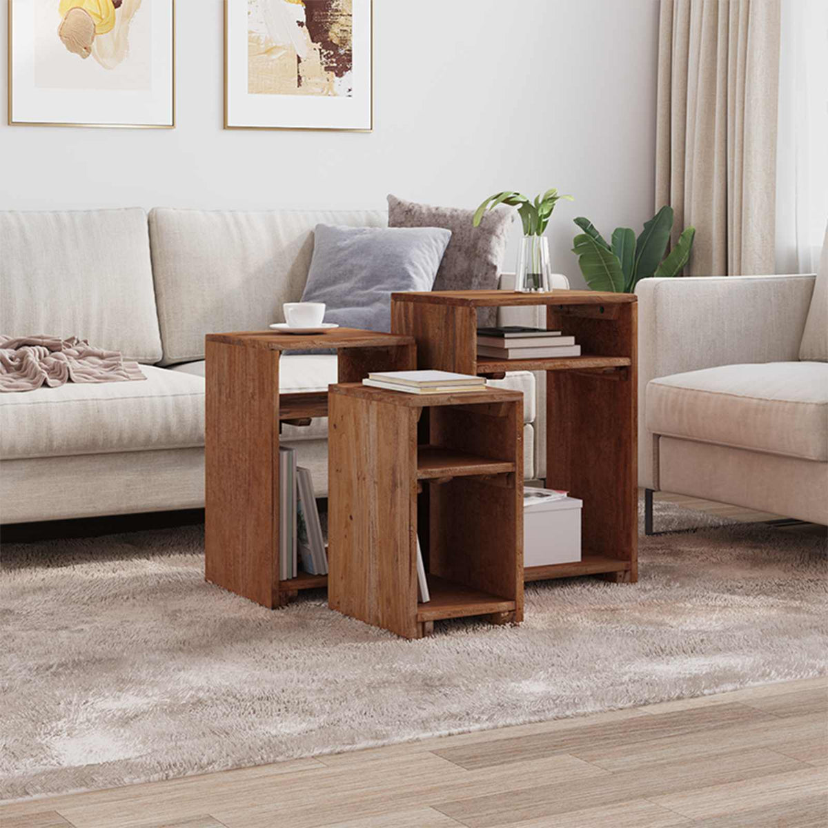 Accentbord med hylde med opbevaring 3 stk. Brun Massiv Mahogni