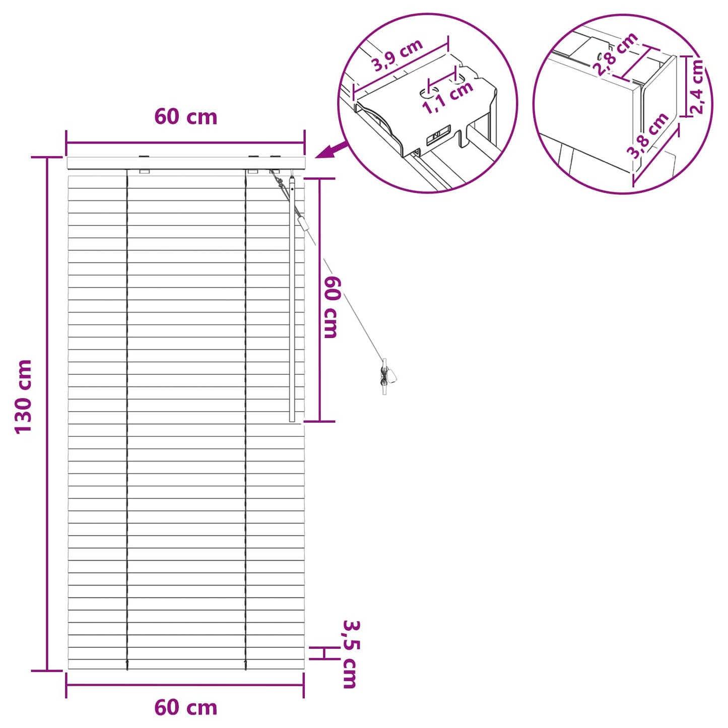 Persienner Hvid 60 x 130 cm 35 mm Massivt Paulownia Træ