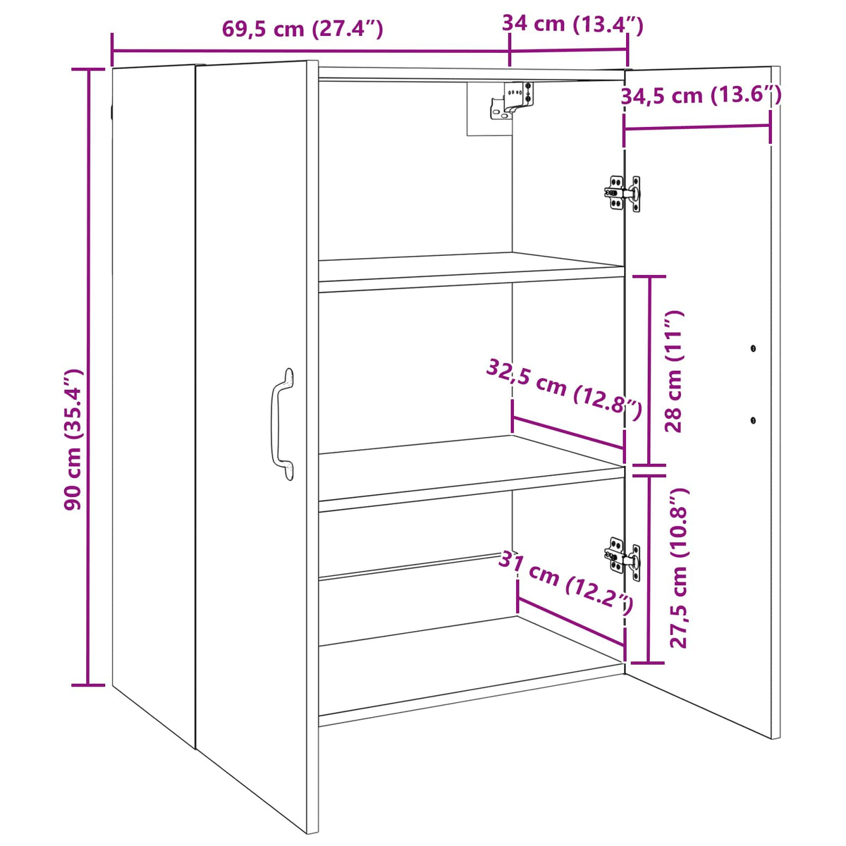 Vægskab Sort eg 69,5 x 34 x 90 cm Konstrueret træ