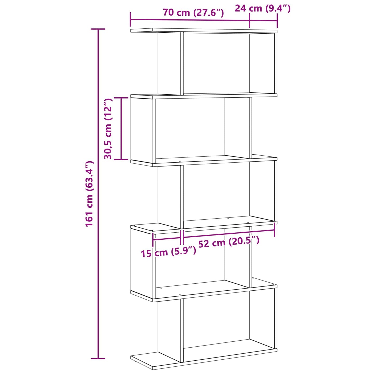 Bogskab 5 niveauer 70 x 24 x 161 cm Konstrueret træ Sort eg