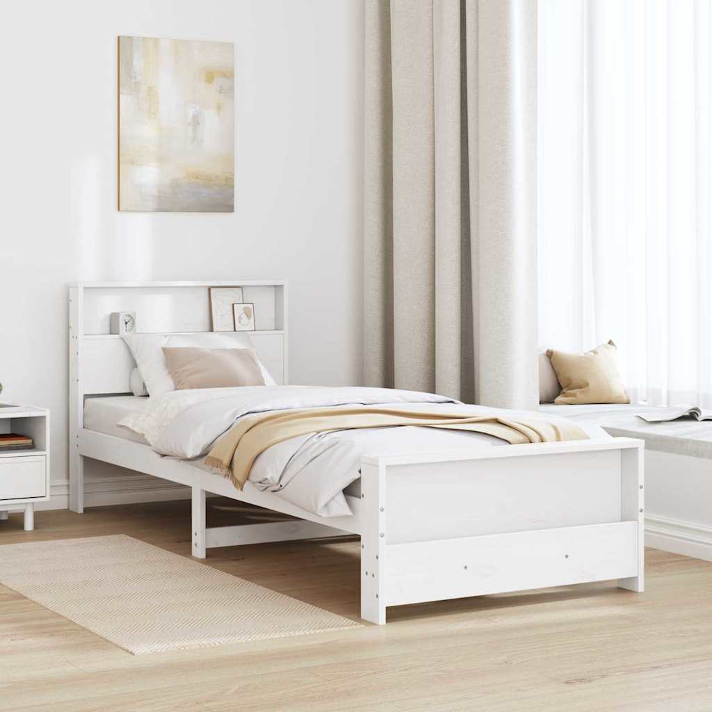 Sengestel med hylde Hvid 90 x 200 cm Massivt fyrretræ