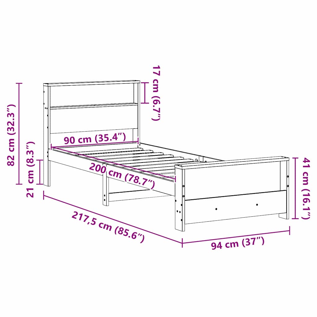 Sengestel med hylde Voks brun 90 x 200 cm Massivt fyrretræ