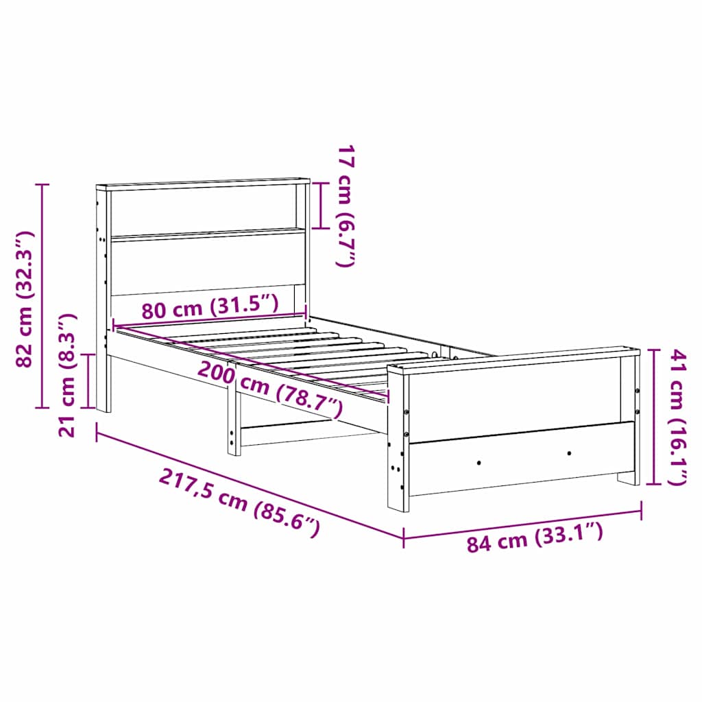 Sengestel med hylde Brun 80 x 200 cm Massivt fyrretræ