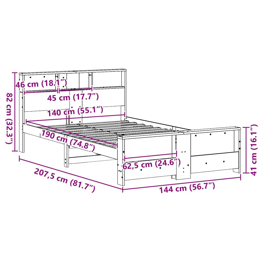 Sengestel med hylde Hvid 140 x 190 cm Massivt fyrretræ