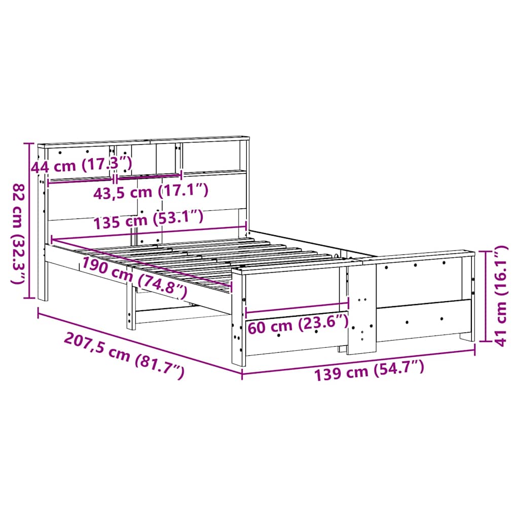Sengestel med hylde Brun 135 x 190 cm Massivt fyrretræ