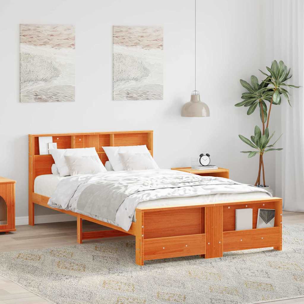 Sengestel med hylde Voks brun 135 x 190 cm Massivt fyrretræ