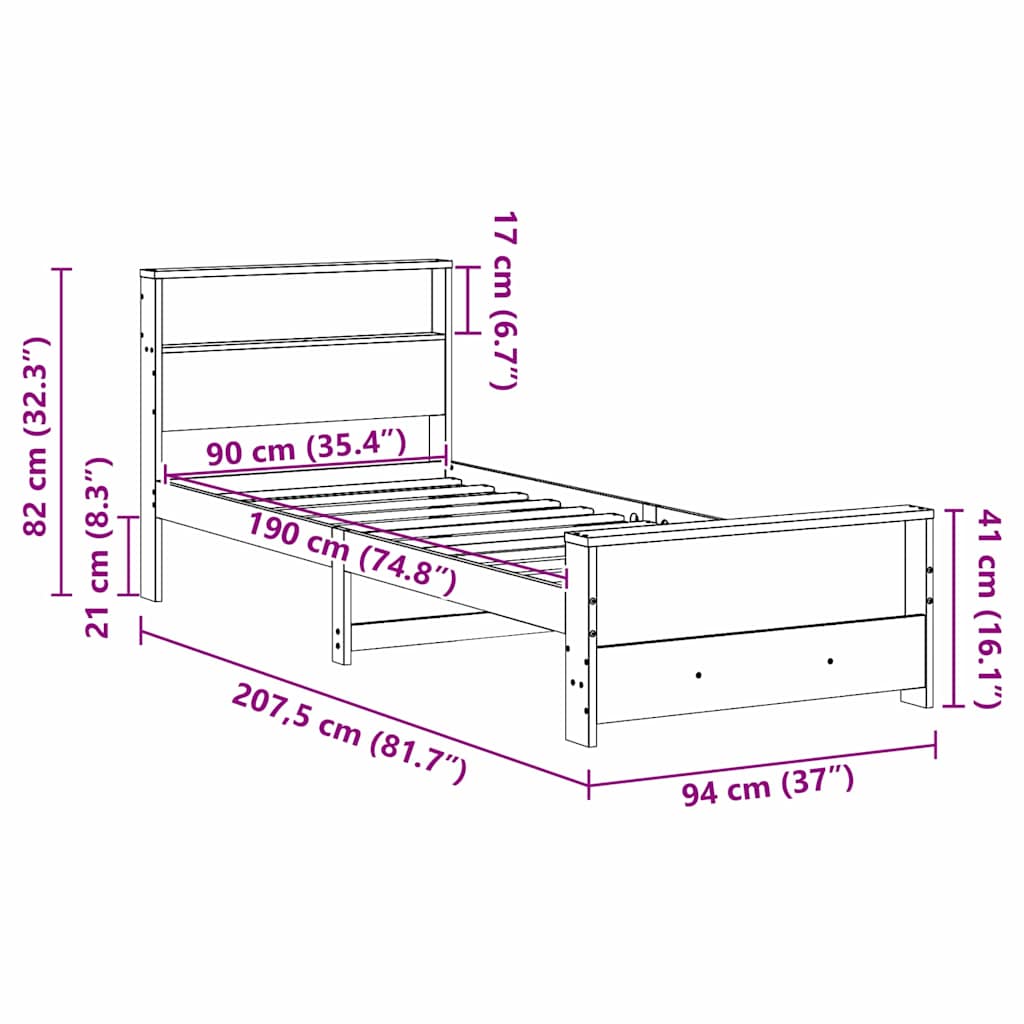 Sengestel med hylde Voks brun 90 x 190 cm Massivt fyrretræ