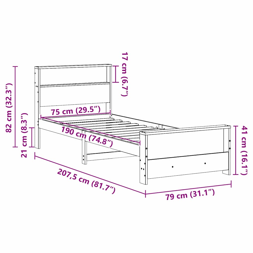 Sengestel med hylde Hvid 75 x 190 cm Massivt fyrretræ