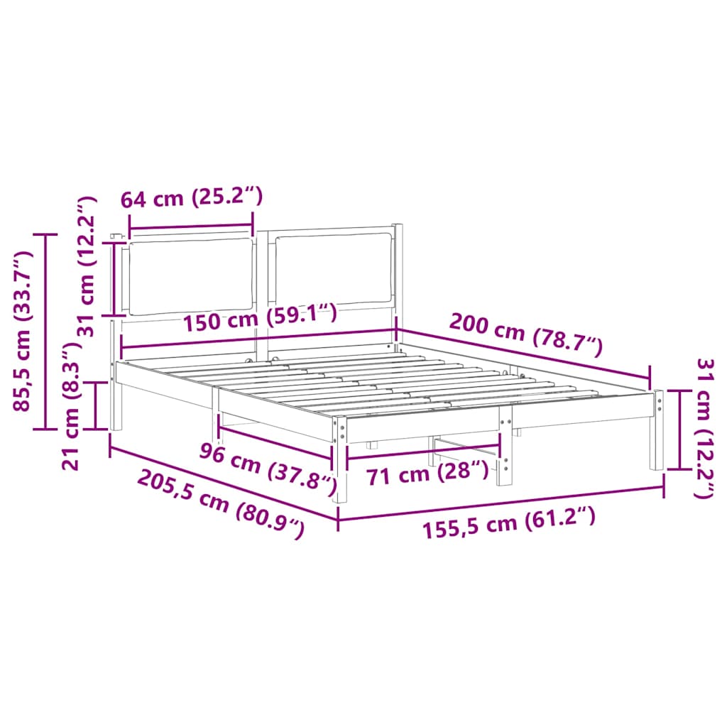 Sengestel med hovedgærde Mørkegrå 150 x 200 cm Massiv fyrretræ