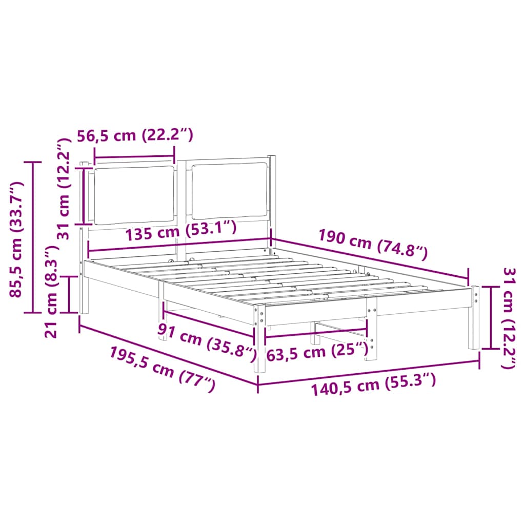 Sengestel med hovedgærde Mørkegrå 135 x 190 cm Massiv fyrretræ