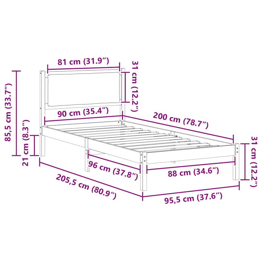 Sengestel med hovedgærde Gråbrun 90 x 200 cm Massiv fyrretræ