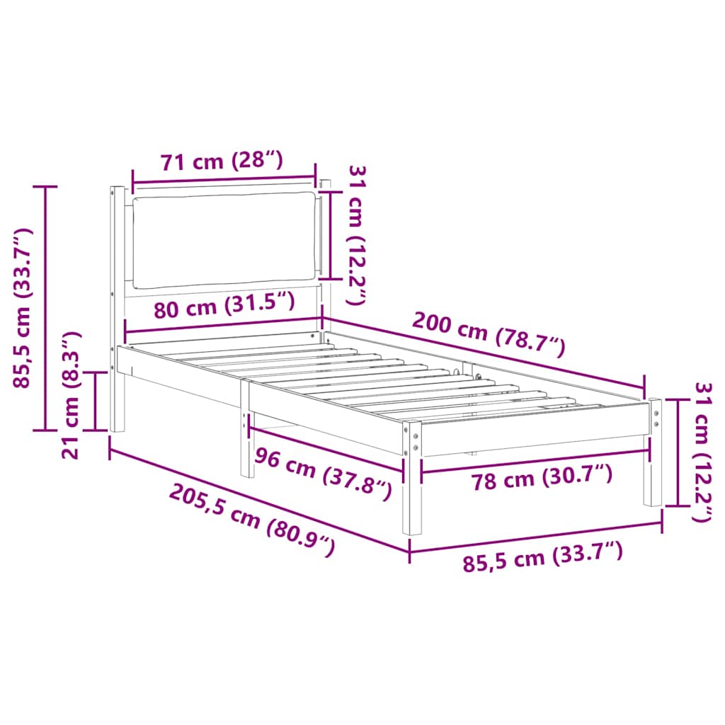 Sengestel med hovedgærde Lysegrå 80 x 200 cm Massiv fyrretræ