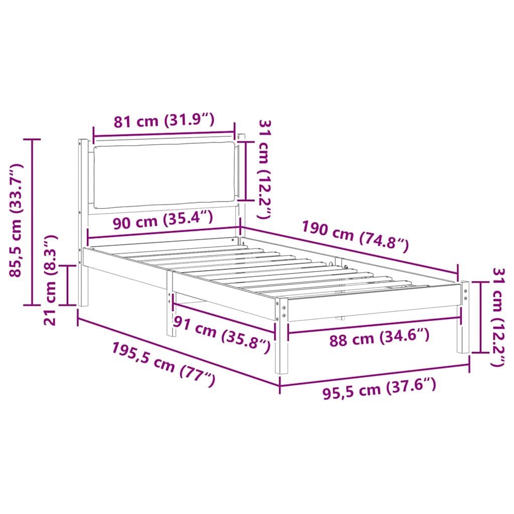 Sengestel med hovedgærde Lysegrå 90 x 190 cm Massiv fyrretræ