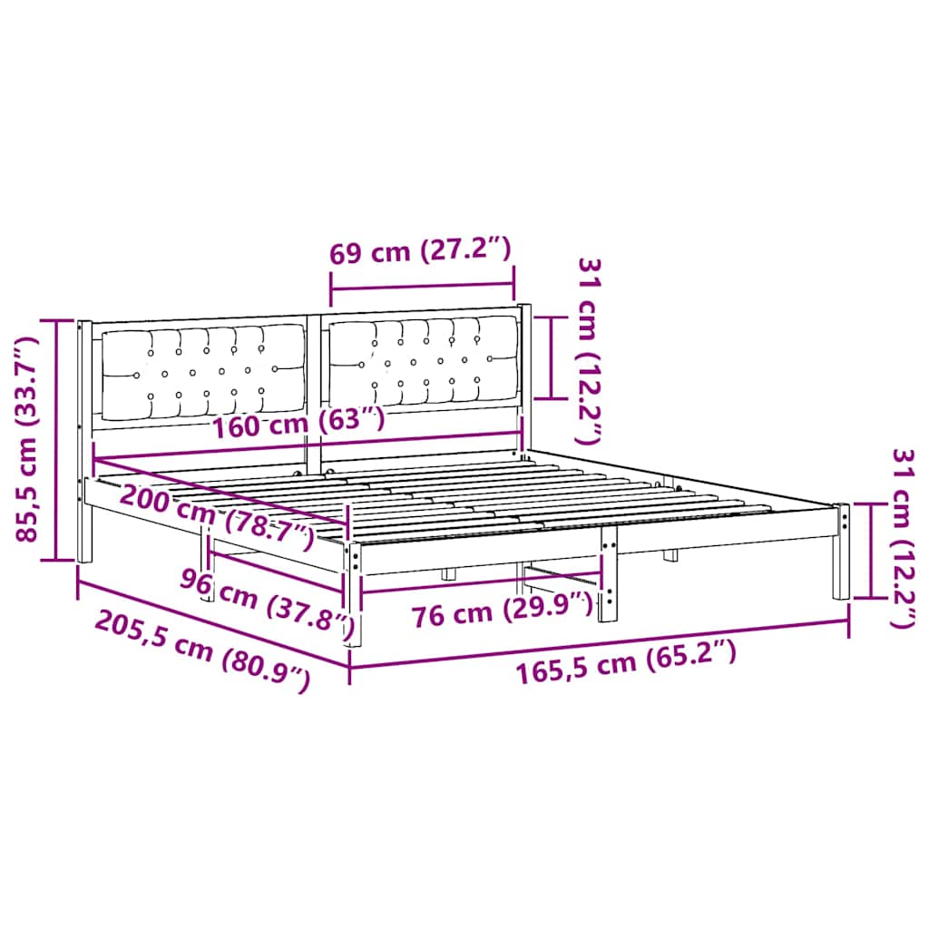 Sengestel med hovedgærde Sort 160 x 200 cm Massiv fyrretræ