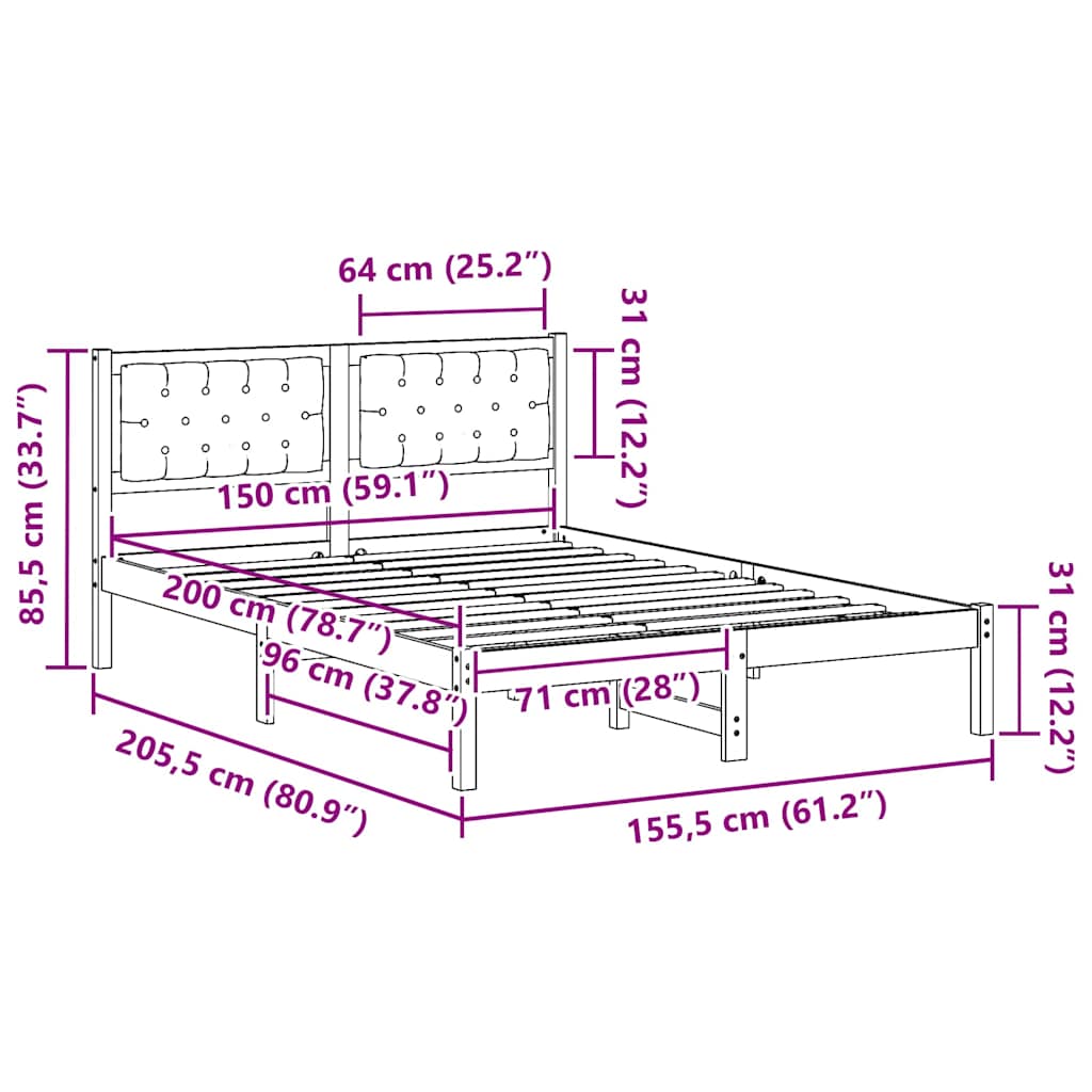 Sengestel med hovedgærde Lysegrå 150 x 200 cm Massiv fyrretræ