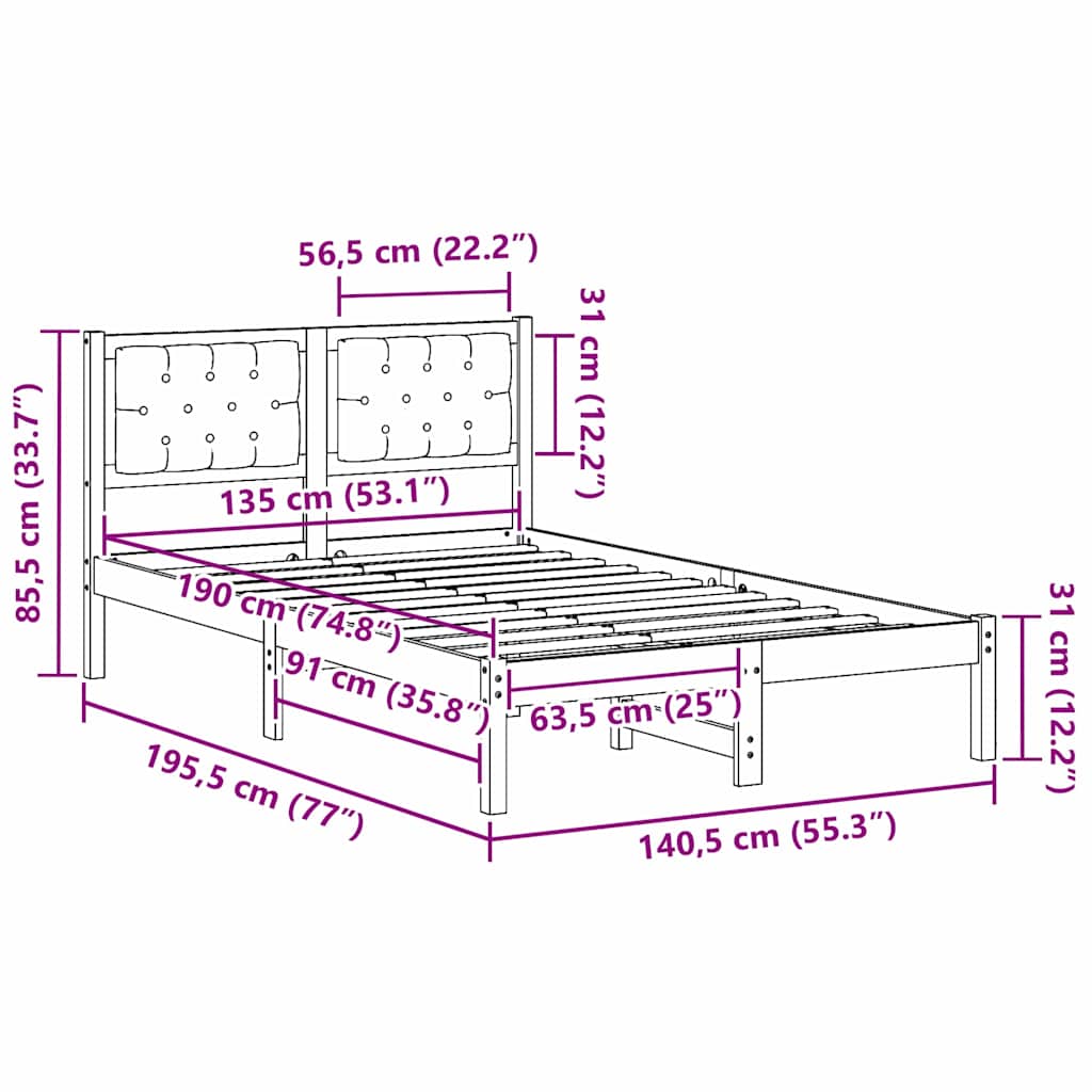 Sengestel med hovedgærde Sort 135 x 190 cm Massiv fyrretræ