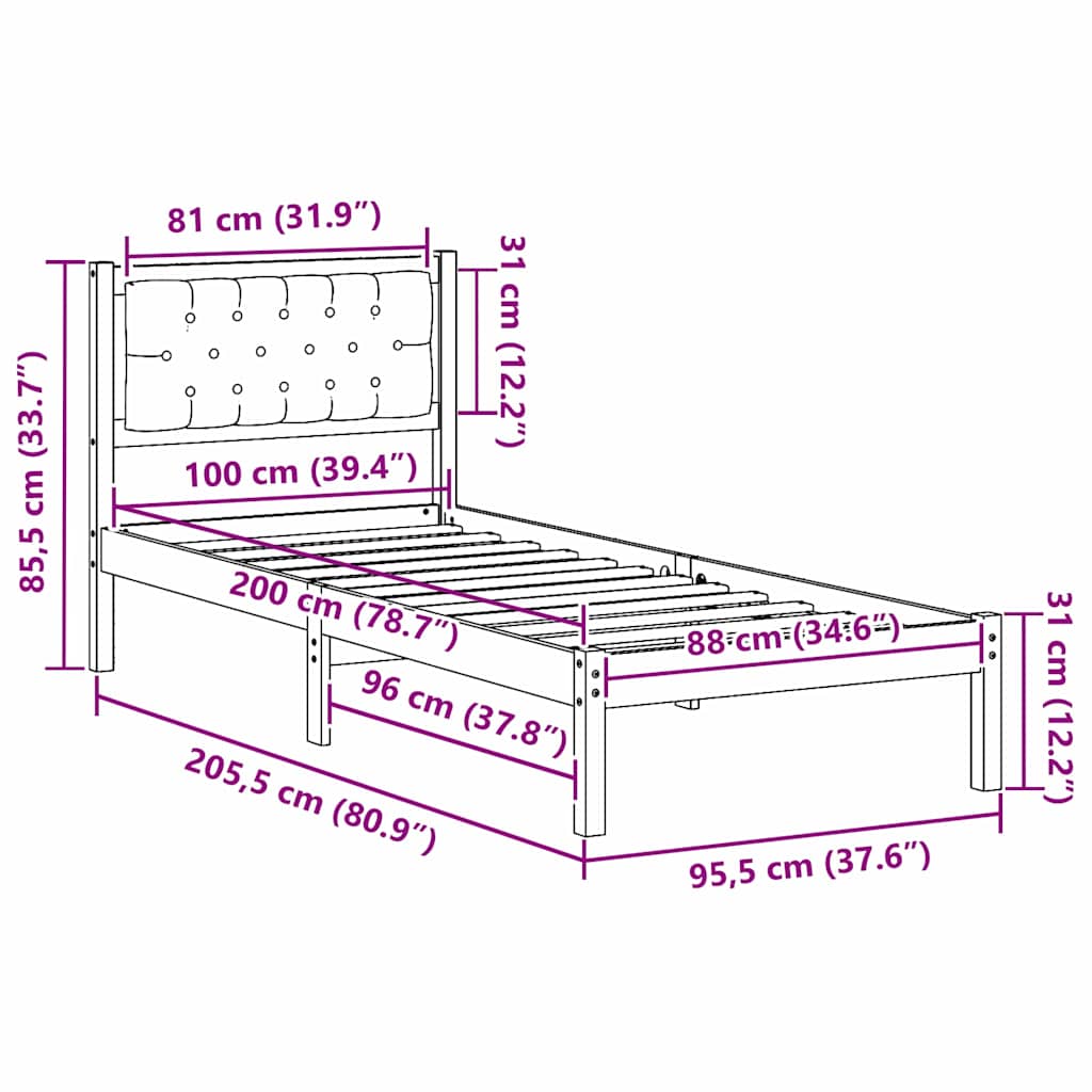 Sengestel med hovedgærde Sort 100 x 200 cm Massiv fyrretræ