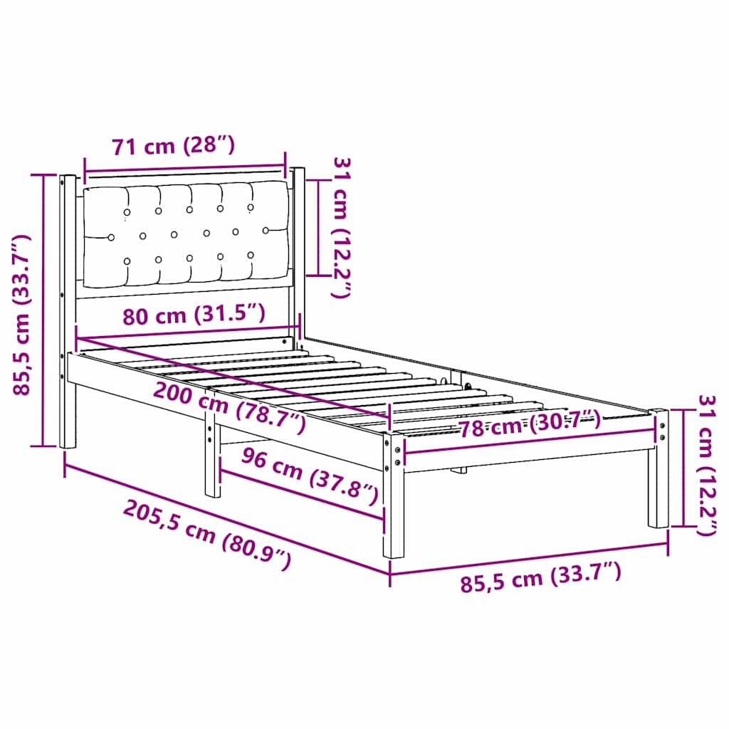 Sengestel med hovedgærde Mørkegrå 80 x 200 cm Massiv fyrretræ