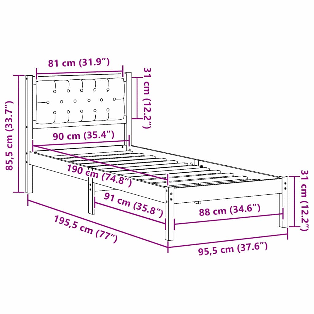 Sengestel med hovedgærde Sort 90 x 190 cm Massiv fyrretræ