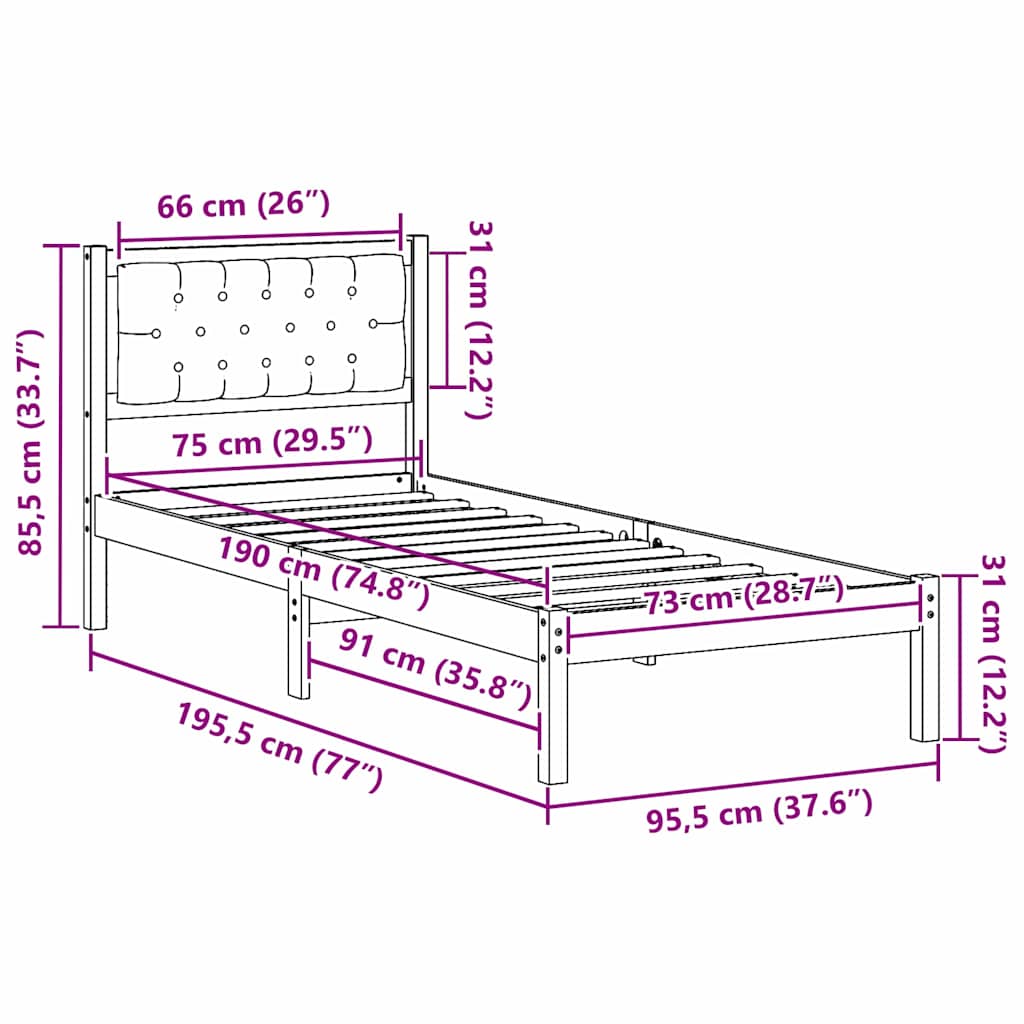 Sengestel med hovedgærde Lysegrå 75 x 190 cm Massiv fyrretræ