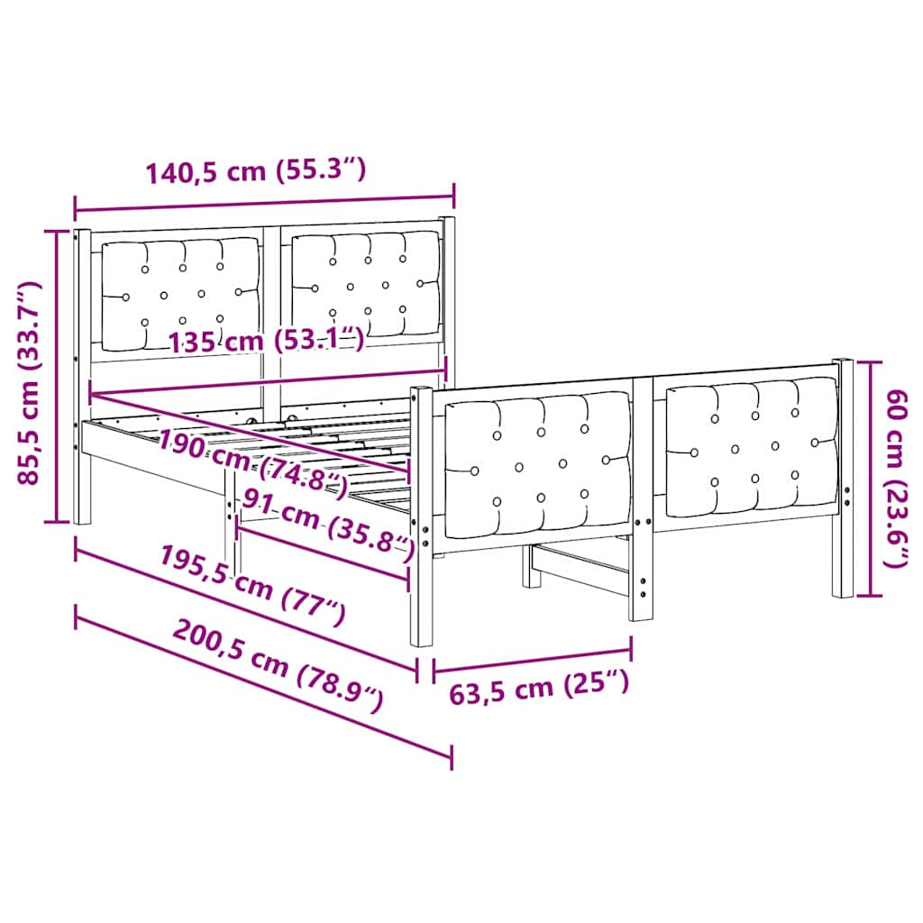 Sengestel med hovedgærde Sort 135 x 190 cm Massiv fyrretræ