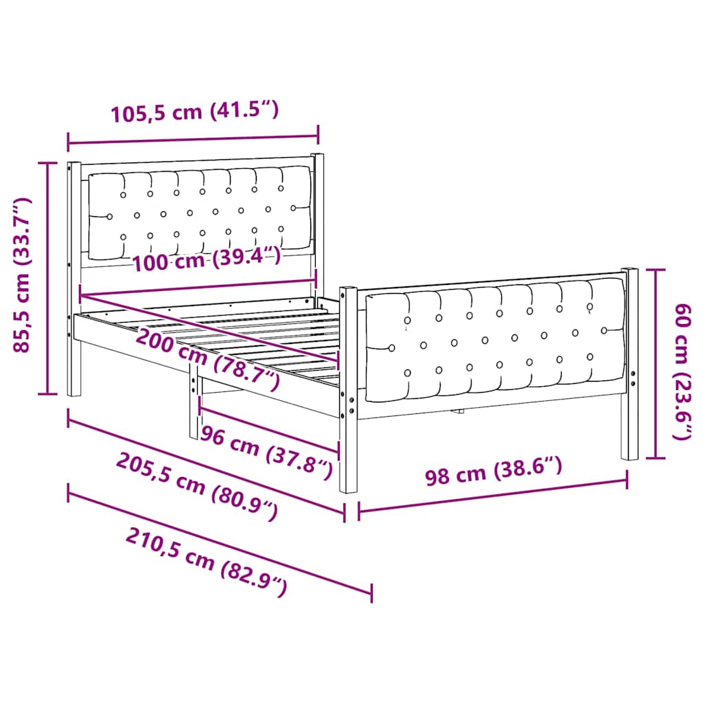 Sengestel med hovedgærde Sort 100 x 200 cm Massiv fyrretræ