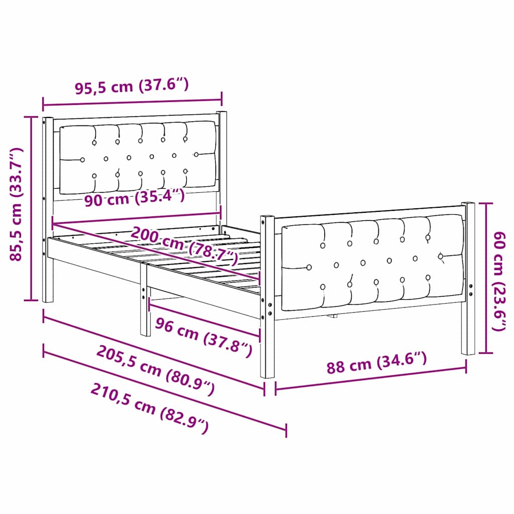 Sengestel med hovedgærde Sort 90 x 200 cm Massiv fyrretræ